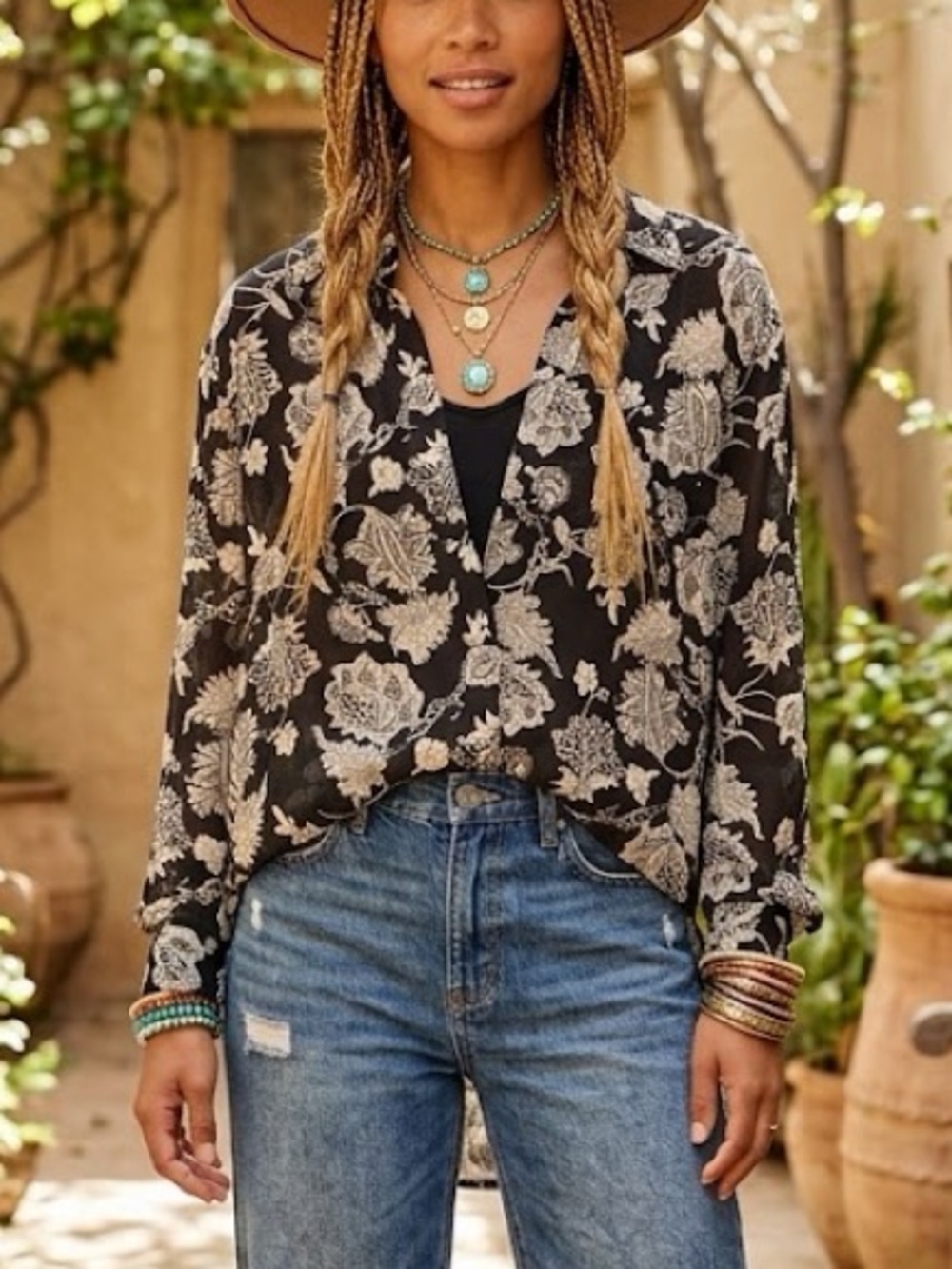 NWOT POL Sheer Long Sleeve Button Up Blouse w/ Floral & Chain Link Pattern S